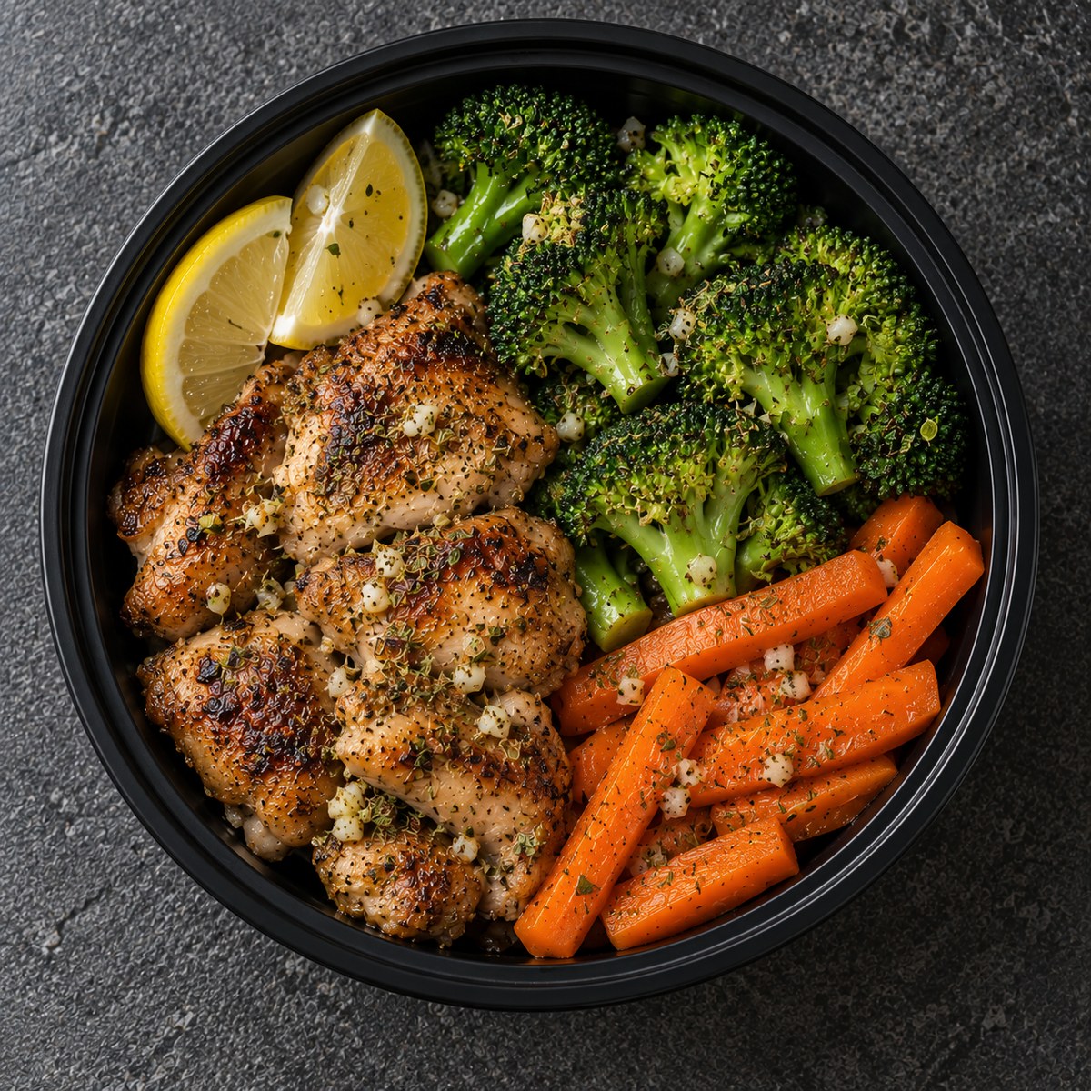 A freshly prepared Why Not Bowls chicken meal